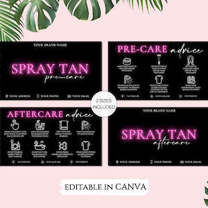Modelo de cuidados pré-bronzeamento a jato, pacote de cartão de cuidados de bronzeamento editável, cartão de cuidados de bronzeamento a jato para impressão, cartões de salão de beleza de esteticista