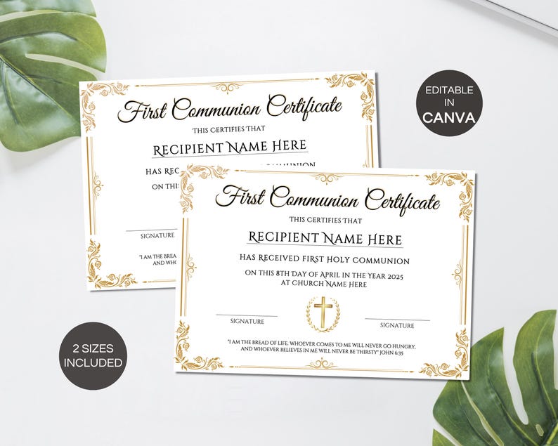 First Communion Certificate Template, Editable First Holy Communion ...