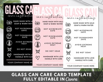 Plantilla de tarjeta de cuidado de latas de vidrio, instrucciones de cuidado de vasos de vidrio editables, inserto de embalaje para pequeñas empresas de tarjetas de cuidado de vidrio Libby imprimibles. TDS-05