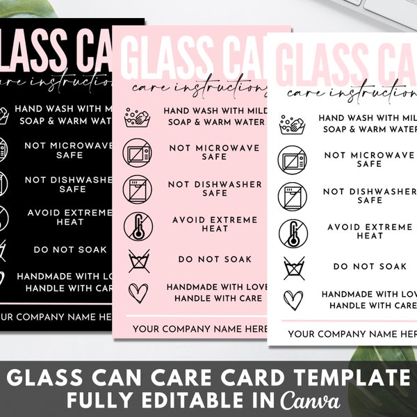 Glass Can Care Card Template, Editable Glass Cup Care Instructions, Printable Libby Glass Care Cards Small Business Packaging Insert. TDS-05