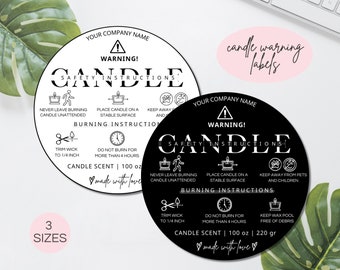 Etiquetas de advertencia para velas, pegatinas imprimibles con instrucciones para velas, plantilla editable de Canva.