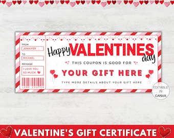 Valentines Day Gift Certificate, Printable Valentine's Love Coupon, Editable Canva Template