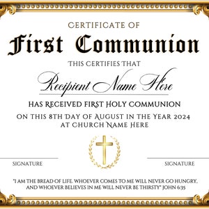 First Communion Certificate Template Editable First Holy Communion First Communion Certificate Template Editable First Holy Communion