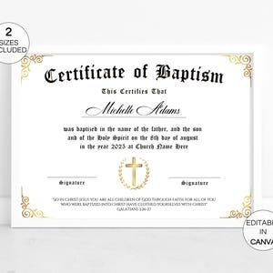 Certificate Of Baptism Editable Template, Printable Baptism Certificate, Custom Baby Baptism Certificates, Church Canva Template. TDS-10