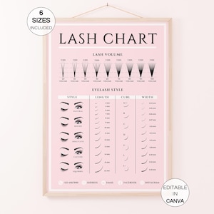 Könnte beinhalten: Ein rosa-weißes druckbares Wimpern-Diagramm mit dem Titel "Lash Chart" und einer Tabelle mit den Überschriften "Style", "Länge", "Curl" und "Breite". Das Diagramm enthält Illustrationen verschiedener Wimpernstile und deren entsprechende Maße.
