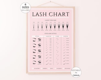 Lash Chart Guide Poster, Editable Eyelash Extension Decor, Beauty Salon LashChart Display Template