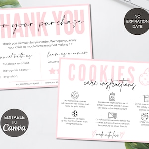 Plantilla de tarjeta de cuidado de cookies, tarjetas de agradecimiento comerciales de cookies, inserciones de empaque de cookies editables, plantilla de Canva de tarjeta de cookies imprimible. TDS-05