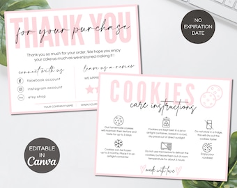 Cookie Care Card, druckbare Cookies Anleitungskarten, bearbeitbare Bäckerei Business Canva Vorlage