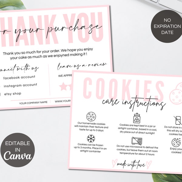Cookie Care Card Template, Cookie Business Thank You Cards, Editable Cookie Packaging Inserts, Printable Cookie Card Canva Template. TDS-05