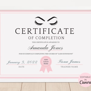 Editable Lash Certificate Of Completion Template, Printable Lash Extension Certificate, Lash Course Certificate Canva Template. TDS-10