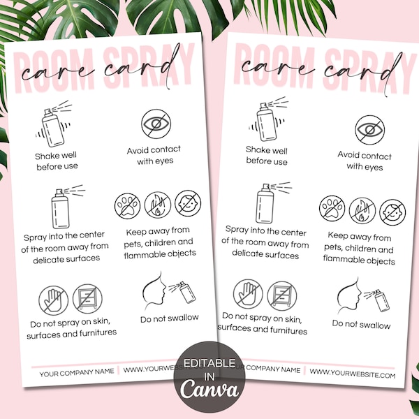 Room Spray Care Card Template, Editable Room Spray Care Instructions Card, Room Spray Business Inserts, Printable Canva Template. TDS-05