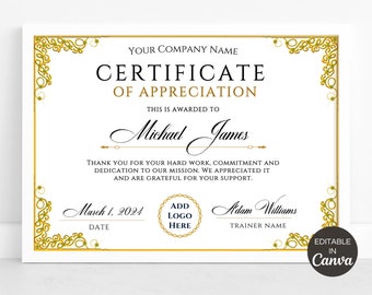 Editable Certificate Of Appreciation, Printable Appreciation Certificates, Custom Canva Template