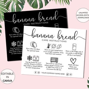 Bananenbrot-Pflegekarte, bearbeitbare Bananenbrot-Pflegeanweisungen, druckbare Brotpflegekarten-Auftragsbeilage, Bäckerei-Pflegekarten-Canva-Vorlage