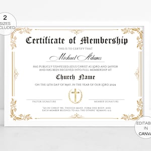 Puede incluir: Un certificado blanco con bordes y texto dorados. El certificado dice "Certificado de Membres&iacute;a" e incluye el nombre "Michael Adams" y la fecha "12 de mayo de 2024". El certificado es editable en Canva.