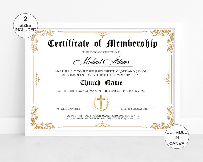 Puede incluir: Un certificado blanco con bordes y texto dorados. El certificado dice "Certificado de Membres&iacute;a" e incluye el nombre "Michael Adams" y la fecha "12 de mayo de 2024". El certificado es editable en Canva.