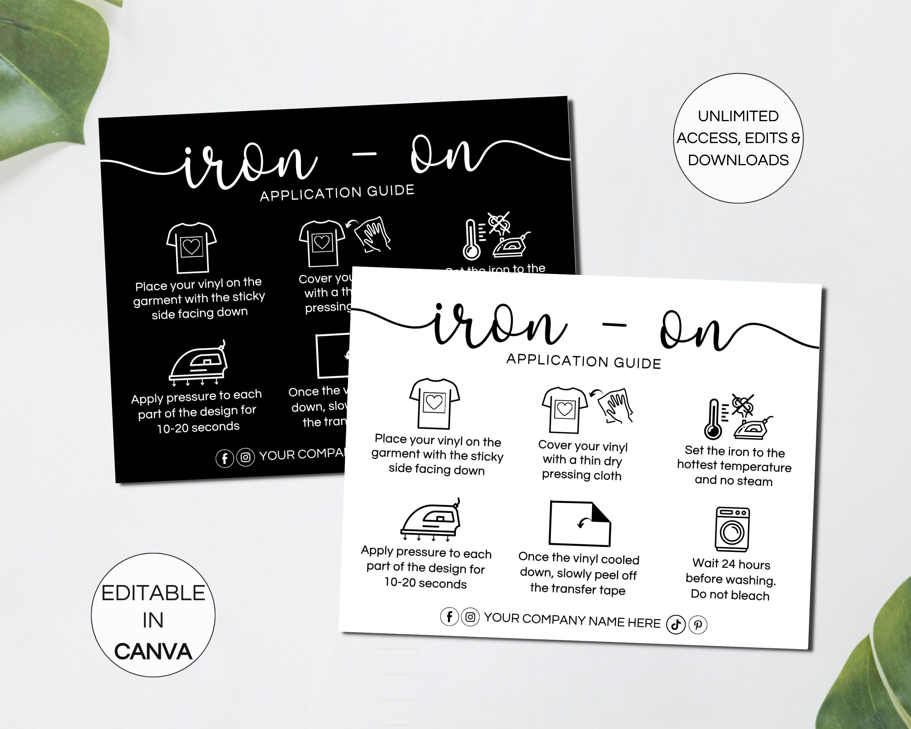 Iron-on Care Card, Printable Heat Transfer Instructions Cards, Editable ...
