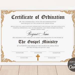 Modèle de certificat d&#39;ordination, certificat modifiable du ministère de l&#39;Evangile, certificat d&#39;ordination imprimable, certificat canva. FT-10