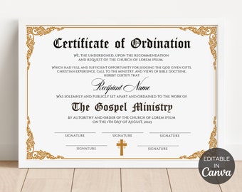 Certificado de ordenación, Certificados de ordenación para el ministerio evangélico imprimibles, Plantilla editable de Canva