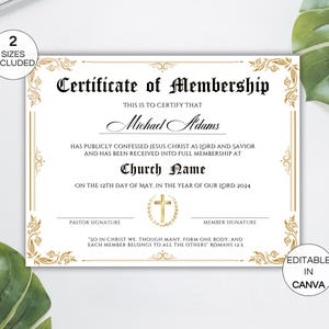Puede incluir: Certificado de membres&iacute;a blanco con bordes y texto decorativos dorados. El certificado incluye el texto "Certificate of Membership", "Michael Adams" y "Church Name". El certificado es editable en Canva.