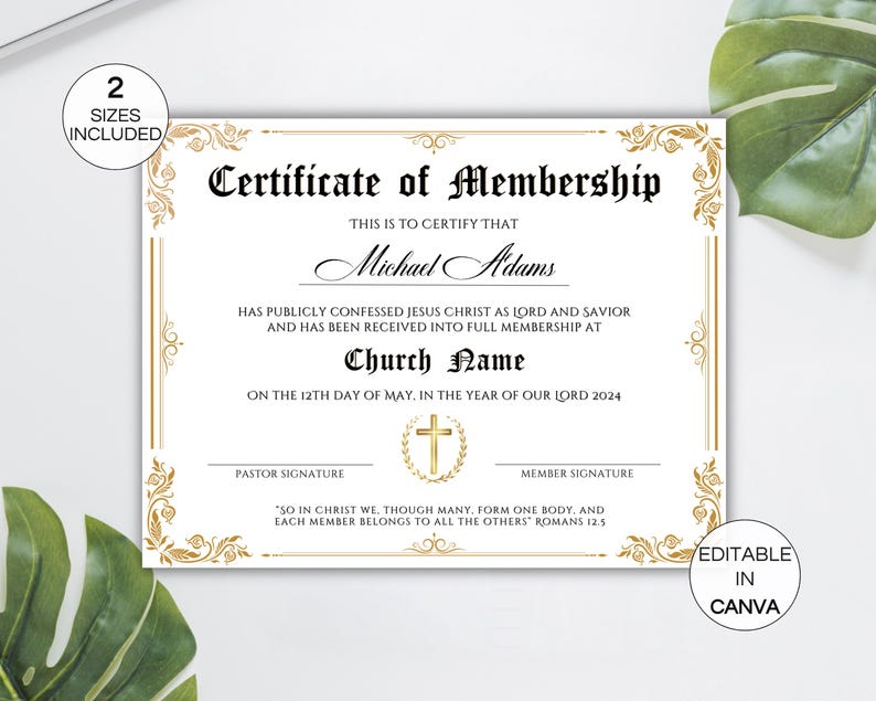 Puede incluir: Certificado de membres&iacute;a blanco con bordes y texto decorativos dorados. El certificado incluye el texto "Certificate of Membership", "Michael Adams" y "Church Name". El certificado es editable en Canva.