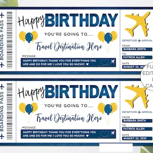 Modèle de carte d'embarquement, billet d'avion modifiable, idées cadeaux d'anniversaire à imprimer, billet d'avion pour anniversaire, faux modèle de toile de billet d'avion. TDS-13
