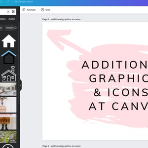 May include: A pink brushstroke background with the text "ADDITIONAL GRAPHICS & ICONS AT CANVA" in black.