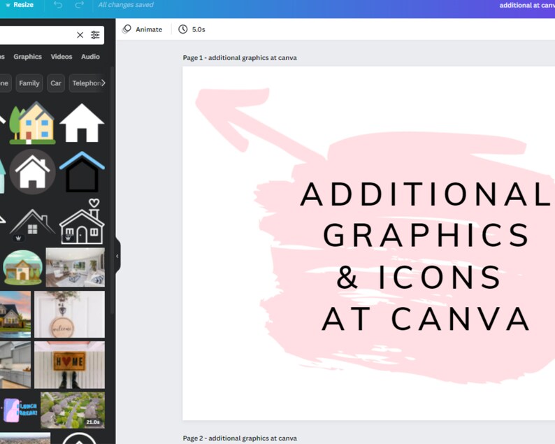 May include: A pink brushstroke background with the text "ADDITIONAL GRAPHICS & ICONS AT CANVA" in black.