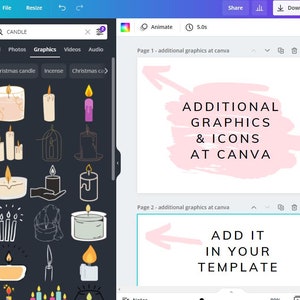 May include: Two Canva pages with pink backgrounds and white text. The first page says "ADDITIONAL GRAPHICS & ICONS AT CANVA" with a pink arrow pointing to the left. The second page says "ADD IT IN YOUR TEMPLATE" with a pink arrow pointing to the right.