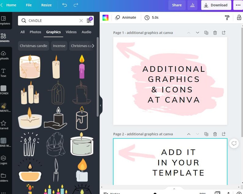 May include: Two Canva pages with pink backgrounds and white text. The first page says "ADDITIONAL GRAPHICS & ICONS AT CANVA" with a pink arrow pointing to the left. The second page says "ADD IT IN YOUR TEMPLATE" with a pink arrow pointing to the right.