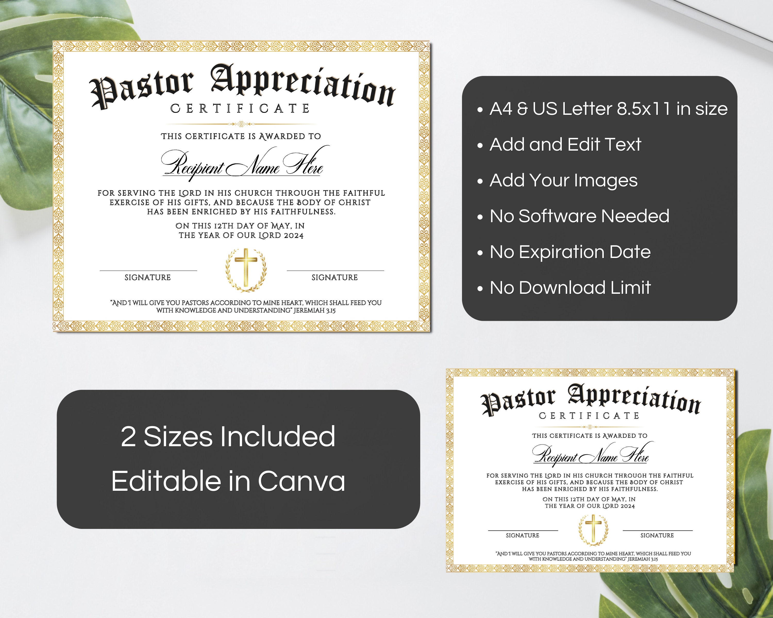 Pastor Appreciation Certificate, Editable Pastor Certificate of ...