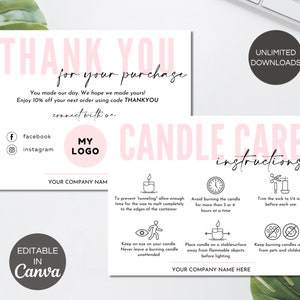 Biglietto per la cura delle candele, biglietti di ringraziamento per piccole imprese, ringraziamento per il branding delle candele, inserto per l'imballaggio delle candele, guida modificabile per la cura delle candele. TDS-05