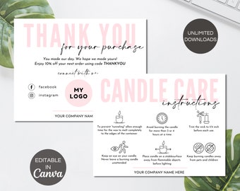 Candle Care Card, Small Business Thank You Cards, Candle Branding Thank You, Candle Packaging Insert, Editable Candle Care Guide. TDS-05