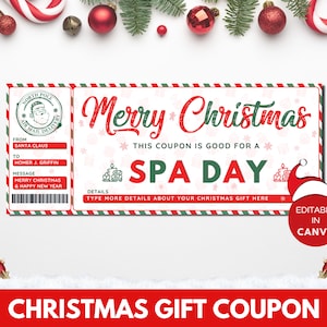 Christmas Spa Gift Coupon Template, Editable Spa Day Gift Coupon, Printable Christmas Spa Voucher, Custom Christmas Gift Idea For Her.TDS-13