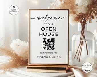 Welcome To Our Open House Sign, Open House Sign With QR Code, Printable Real Estate Welcome Sign Canva Template, Editable Open House Sign In