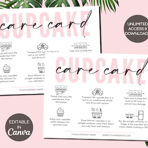 Plantilla de tarjeta de cuidado de cupcakes, instrucciones editables para el cuidado de cupcakes, tarjetas de agradecimiento comerciales de cupcakes imprimibles, inserciones de embalaje de cupcakes.TDS-05