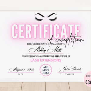 Lash Certificate Of Completion Template, Editable Lash Extension Certificate, Printable Lash Course Certificate Canva Template. TDS-10