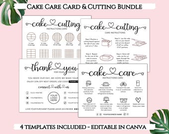 Cake Care Card Cutting Guide Bundle, Printable Bakery Business Thank You, Editable Canva Templates