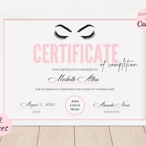 Lash Certificate Of Completion Template, Editable Lash Extension Certificate, Printable Lash Course Certificate Canva Template. TDS-10