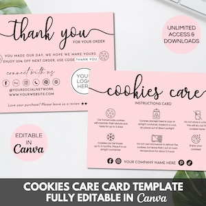 Modelo de cartão de cuidado de biscoitos editável, cartões de agradecimento para negócios de biscoitos imprimíveis, modelo de Canva para embalagens de biscoitos editáveis.TDS-05