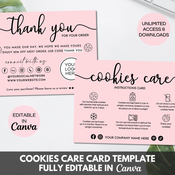 Editable Cookie Care Card Template, Printable Cookie Business Thank You Cards, Editable Cookie Packaging Inserts Canva Template.TDS-05