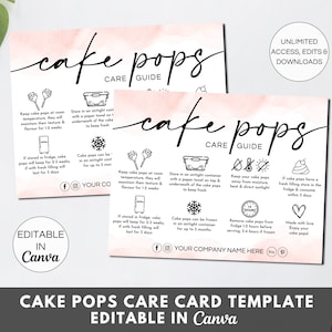 Cake Pops Care Card Canva Template, Editable Cake Pop Instructions Cards Packaging Insert