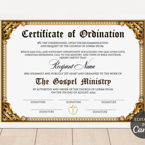 Certificaatsjabloon wijding, certificaatsjabloon voor evangeliebediening, bewerkbaar certificaat van wijding, afdrukbare canva-sjabloon. TDS-10