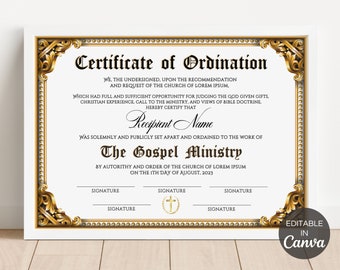 Plantilla de certificado de ordenación, plantilla de certificado del ministerio del Evangelio, certificado de ordenación editable, plantilla de Canva imprimible. TDS-10