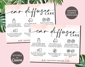 Car Diffuser Care Card, Printable Oil Diffuser Instructions Cards, Editable Canva Template