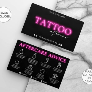 Plantilla de tarjeta de cuidado posterior del tatuaje, tarjeta de cuidado del tatuaje editable, tarjetas de artista del tatuaje imprimibles, plantilla Canva de instrucciones de cuidado del tatuaje. TDS-05
