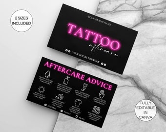Tattoo nazorg kaartsjabloon, bewerkbare tattoo zorgkaart, afdrukbare tattoo artiest kaarten, tattoo zorginstructies Canva sjabloon. TDS-05