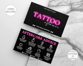 Tattoo nazorg kaartsjabloon, bewerkbare tattoo zorgkaart, afdrukbare tattoo artiest kaarten, tattoo zorginstructies Canva sjabloon. TDS-05