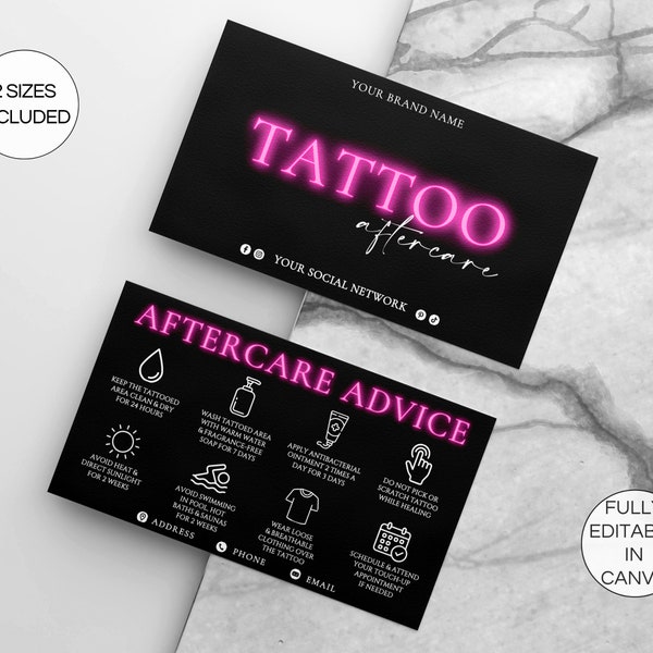 Tattoo Aftercare Card Template, Editable Tattoo Care Card, Printable Tattoo Artist Cards, Tattoo Care Instructions Canva Template. TDS-05