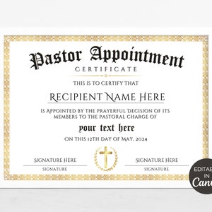 Pastor Appointment Certificate Template, Editable Certificate Of Appointment, Printable Church Certificates, Religious Canva Template.TDS-10