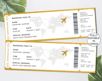 Boarding Pass Canva Template, Editable Boarding Ticket, Custom Airplane Ticket, Printable Surprise Trip, Instant Digital Download. TDS-13
